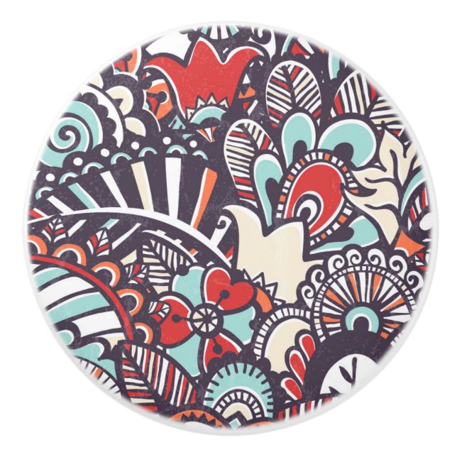 Paisley Floral Doodle Pattern Ceramic Knob (Front)