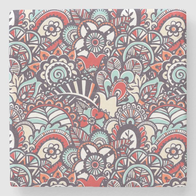 Paisley Floral Doodle Pattern Stone Coaster (Front)