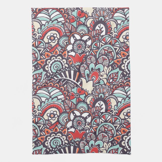 Paisley Floral Doodle Pattern Tea Towel (Vertical)