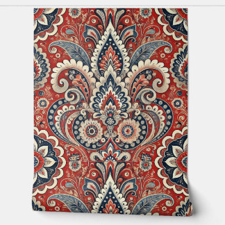 Paisley Floral Fusion in Red, White, and Blu Wallpaper