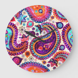 Paisley Floral Indian Seamless Ornament Large Clock