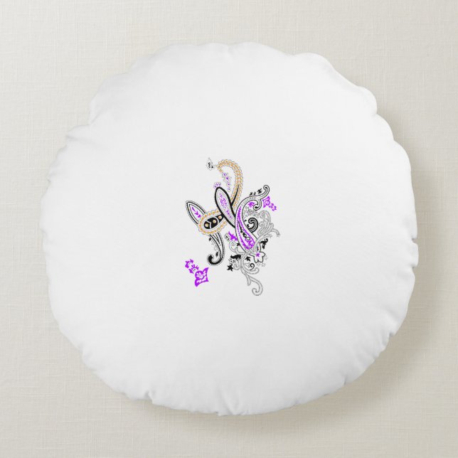 Paisley Floral Motif – Boho White Purple Orange  Round Cushion (Front)