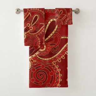 Paisley Floral  Ornament Ruby red and gold Bath Towel Set