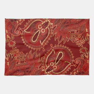 Paisley Floral  Ornament Ruby red and gold Tea Towel