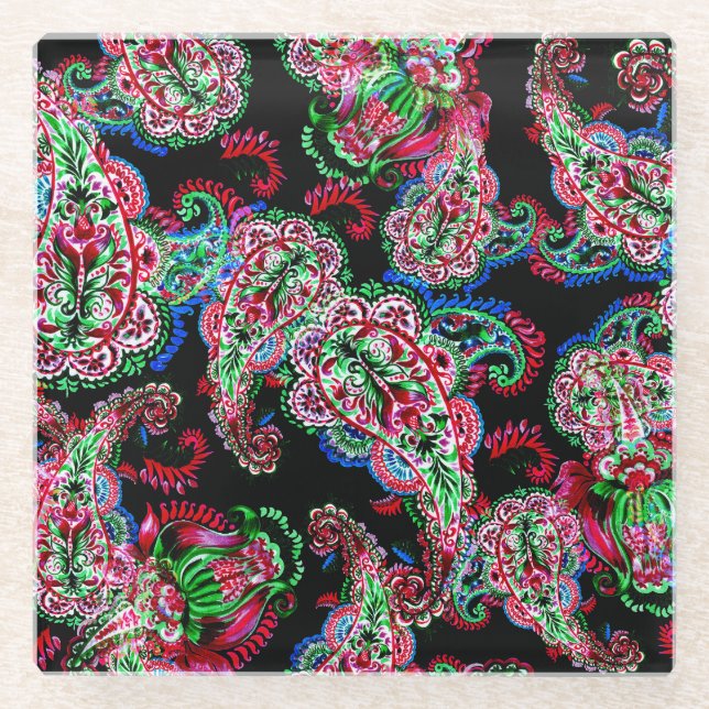 Paisley Floral Pattern, Ethnic Background. Glass Coaster (Front)