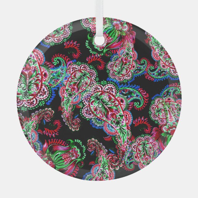 Paisley Floral Pattern, Ethnic Background. Glass Tree Decoration (Front)