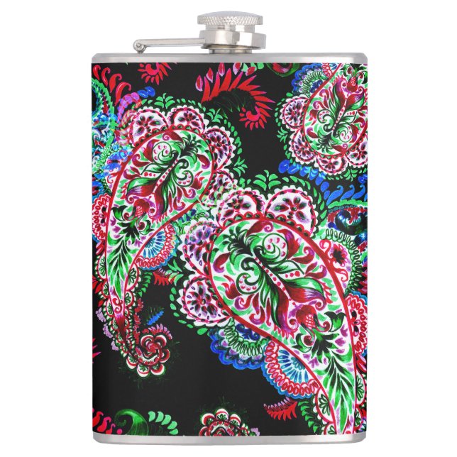 Paisley Floral Pattern, Ethnic Background. Hip Flask (Front)