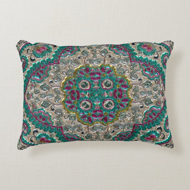 Paisley floral pattern teal silver pink bohemian  decorative cushion (Front)