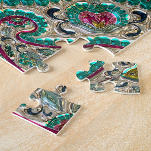 Paisley floral pattern teal silver pink bohemian  jigsaw puzzle