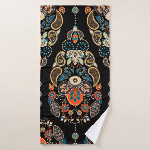 Paisley floral seamless pattern. Dark backdrop wit Bath Towel
