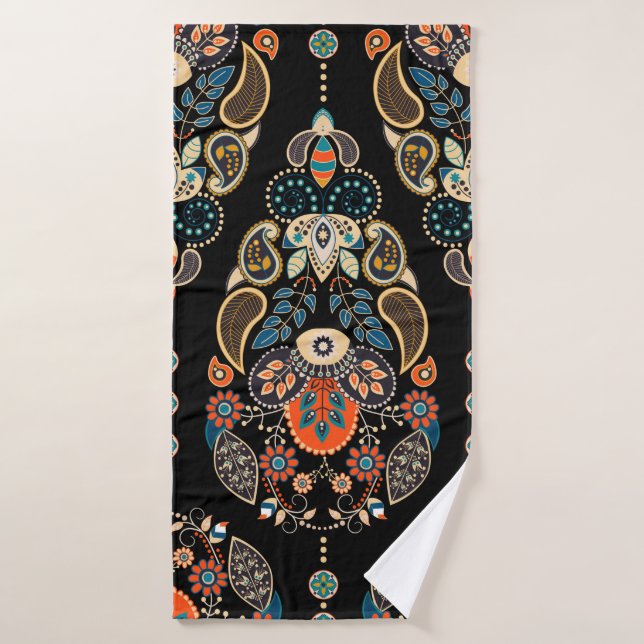 Paisley floral seamless pattern. Dark backdrop wit Bath Towel (Bath Towel)