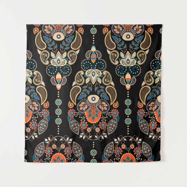 Paisley floral seamless pattern. Dark backdrop wit Tapestry (Front)