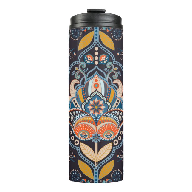 Paisley floral seamless pattern. Dark backdrop wit Thermal Tumbler (Front)