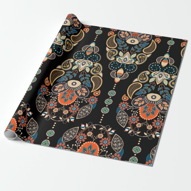 Paisley floral seamless pattern. Dark backdrop wit Wrapping Paper (Unrolled)