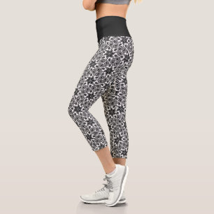 Paisley Flower Chic Black and White Floral Pattern Capri Leggings