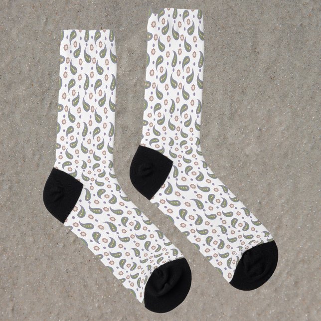 Paisley Flowers Polka Dots Green Pink Purple Socks (A pair of socks with a paisley pattern with flowers and polka dots in green, pink, blue and purple.)