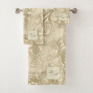 Paisley Garden Floral Monogram Gold/Gold ID750 Bath Towel Set
