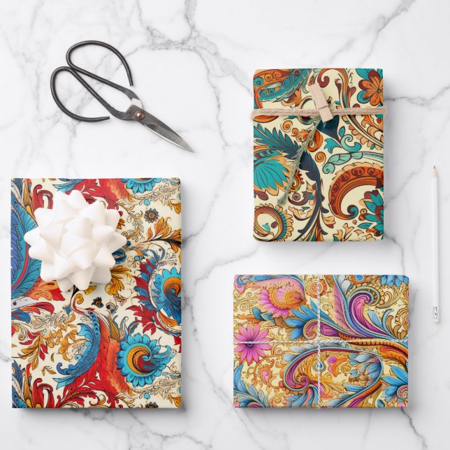 Paisley Golden Flower Abstract Pattern Set 2 Wrapping Paper Sheet (Front)