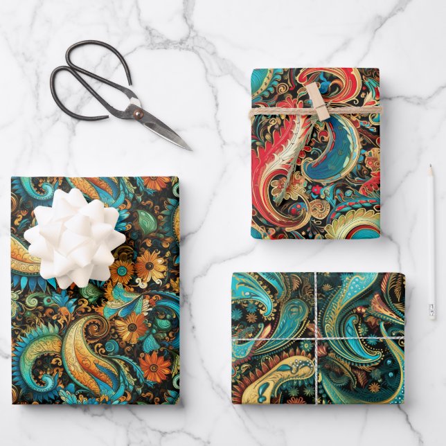 Paisley Golden Flower Abstract Pattern Set 3 Wrapping Paper Sheet (Front)