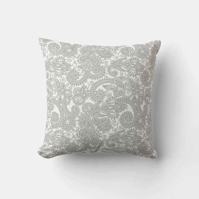 Paisley Grey White Detailed Lace Pattern Cushion (Front)