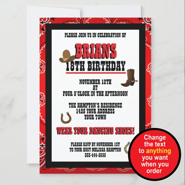 Paisley Handkerchief Red & Black Western Birthday Invitation (Creator Uploaded)