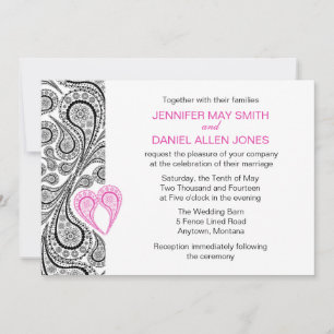Paisley Heart Hot Pink And Black Wedding Invite