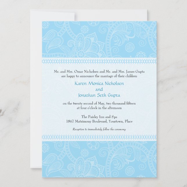 Paisley Impression in Blue Wedding Invitation (Front)
