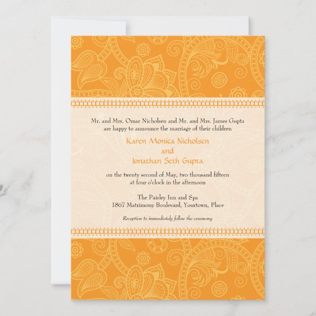Paisley Impression in Orange Wedding Invitation (Front)