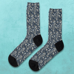 Paisley in Navy Blue Elegant Silver Vintage Look Socks