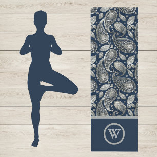 Paisley in Navy Blue Silver Vintage Look Monogram Yoga Mat