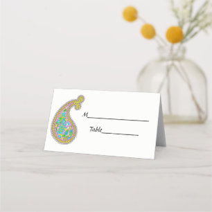 Paisley Mehndi Pattern Pink Green Aqua Yellow Place Card