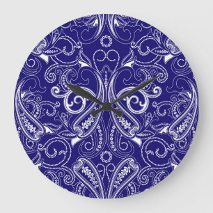 Paisley monochrome: blue, white elegance. large clock