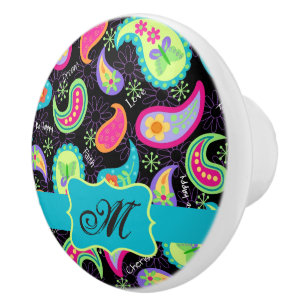 Paisley Monogram Modern Whimsy Black Turquoise Ceramic Knob
