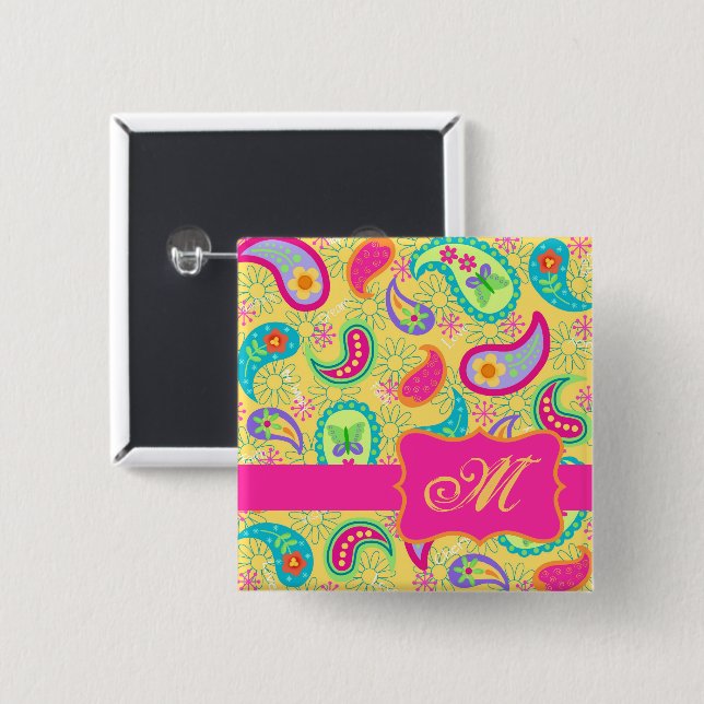 Paisley Monogram Yellow Hot Pink Modern  15 Cm Square Badge (Front & Back)