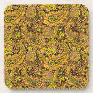 Paisley Motif in Yellow, Brown on Black Background Coaster