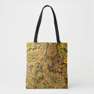 Paisley Motif in Yellow, Brown on Black Background Tote Bag