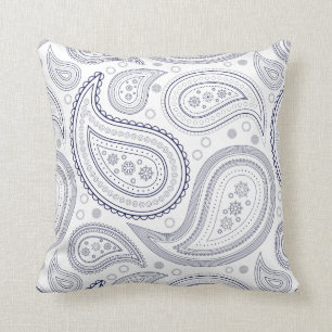 Paisley Navy Blue on White Throw Pillow