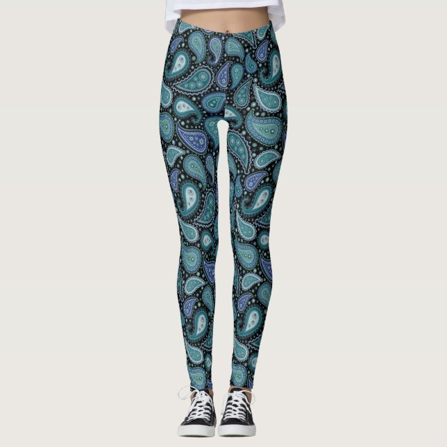 Paisley Pattern Abstract Shapes Navy Blue Leggings (Front)