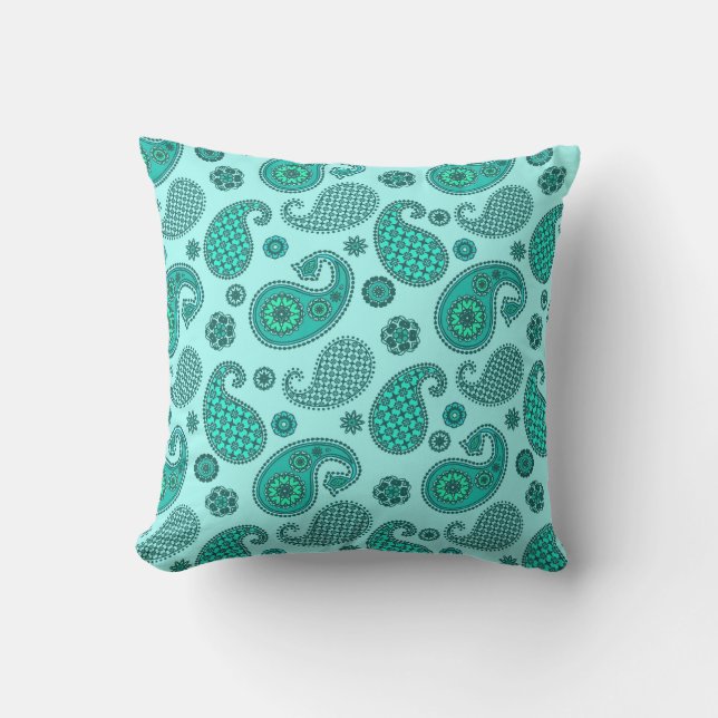 Paisley Pattern, Aqua and Turquoise Cushion (Front)