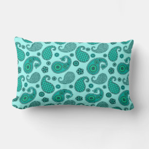 Paisley Pattern, Aqua and Turquoise Lumbar Cushion