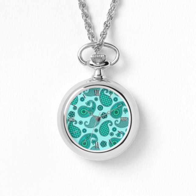 Paisley Pattern, Aqua and Turquoise Watch (Front)
