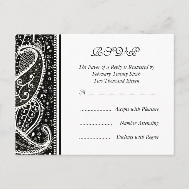 Paisley Pattern Bl. & Wh. RSVP Postcard (Front)