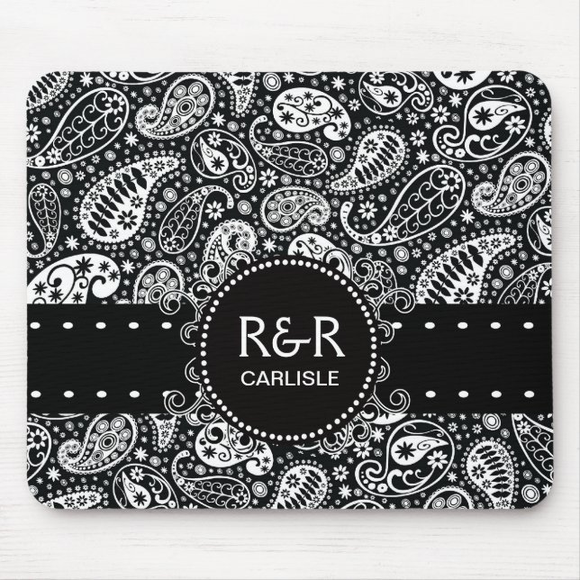 Paisley Pattern Black and White  Personalised Mouse Pad (Front)