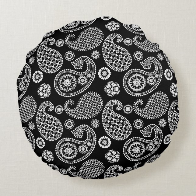 Paisley pattern, Black and White Round Cushion (Back)