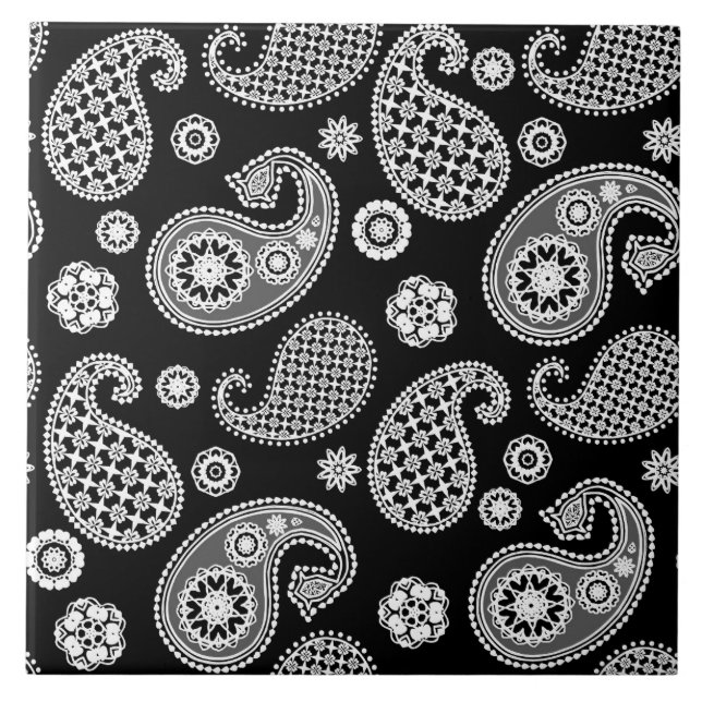 Paisley Pattern, Black and White Tile (Front)