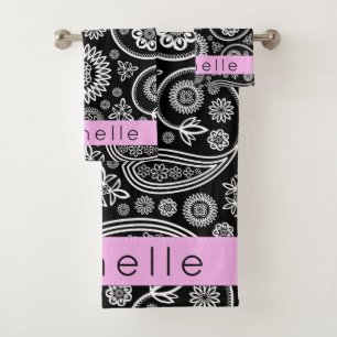 Paisley Pattern, Black and White, Your Name Bath Towel Set