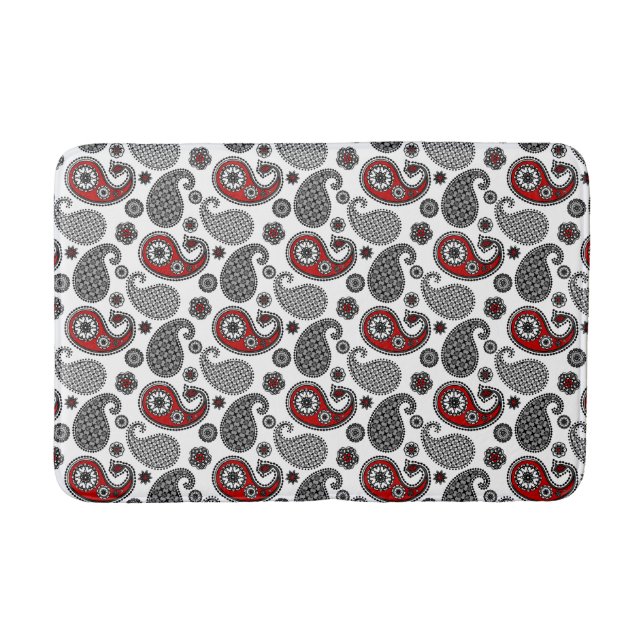 Paisley pattern, Black, White and Red Bath Mat (Front)