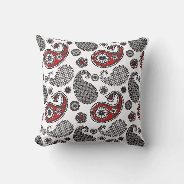 Paisley pattern, Black, White and Red Cushion (Front)