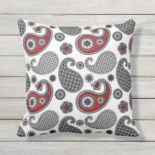 Paisley pattern, Black, White and Red Cushion
