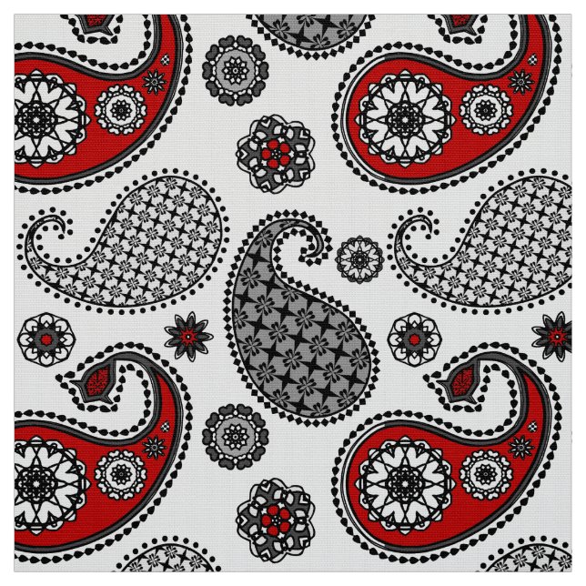 Paisley pattern, Black, White and Red Fabric (Swatch)